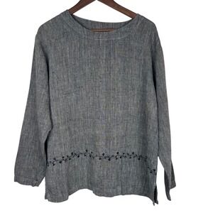 Marc Ware Womens Grey 100% Linen Embroidered Long Sleeve Blouse Top Size M USA